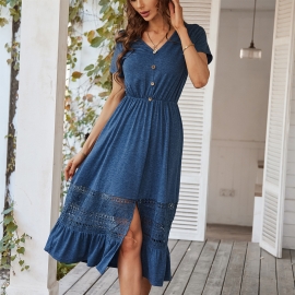 Designer womens european amazon slim temperament solid color dress summer independent station lace splicing skirt