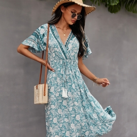 Independent research and development design independent station cross-border womens spring and summer v-neck strap bohemian style dress