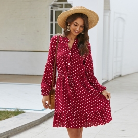 Self-designed european and american fashion womens wish spring and summer long-sleeved polka dot rayon dress