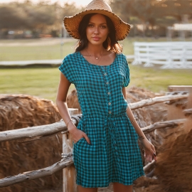 Original design european station fashion plaid print classic short sleeve womens independent station new cotton dress