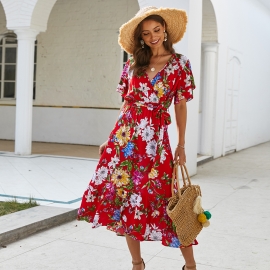 Original design cross border womens amazon style spring summer bohemian print lace-up dress