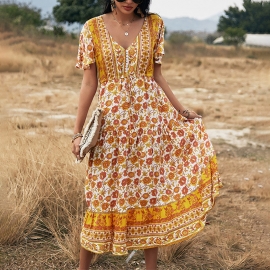 Self-designed european ranch vacation leisure style temperament elegant large swing dress print womens clothing