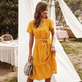 Original design european and american womens v-neck sexy temperament striped dress stand-alone skirt