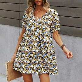 Self-designed and developed summer short-sleeved loose dress printing v-neck sexy a-line skirt