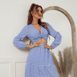 Kaikuo self-developed plaid dress fake two-piece independent station spring new age-reducing large swing skirt